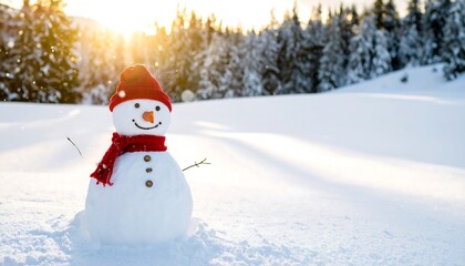 Obraz premium Snowman in snowy landscape at sunset (2)
