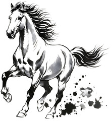 힘차게 달리는 동양화 풍의 먹물로 그린 말, 일러스트