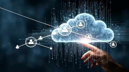 Futuristic cloud computing concept with digital connections and user icons, highlighting technology use - Powered by Adobe