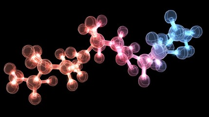 Visual representation showcases intricate molecular structures rendered in vibrant hues of red and blue, highlighting the interconnected atoms against a stark black backdrop, creating a sense of...