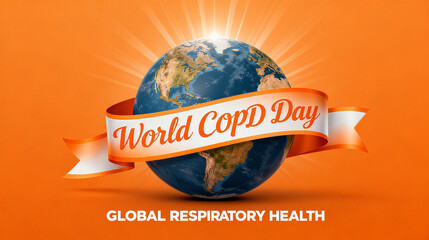 The orange ribbon surrounding the Earth represents the concepts of World COPD Day and global respiratory health, and is suitable for medical and health promotion scenarios.
