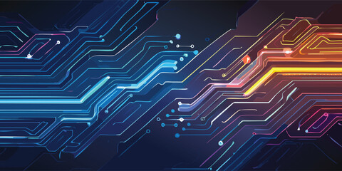 A close-up abstract background of neon circuit lines glowing in dark space, resembling a futuristic motherboard, symbolizing digital connectivity.