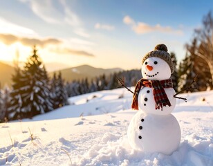 Obraz premium Snowman on snowy mountaintop at sunset