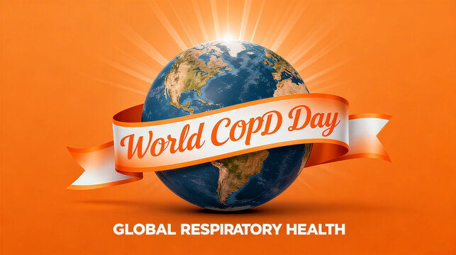 The orange ribbon surrounding the Earth represents the concepts of World COPD Day and global respiratory health, and is suitable for medical and health promotion scenarios.
