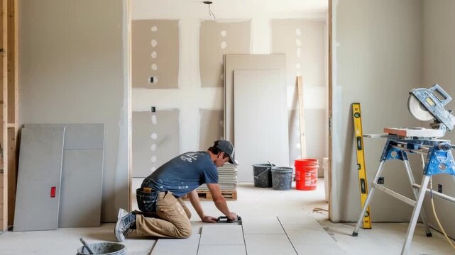 worker kneels to install light-colored floor tiles in an unfinished room Drywall sheets cover the walls and construction tools like miter saw level and buckets are scattered around