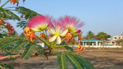Pink Mimosa Tree in Full Bloom Against Blue Sky