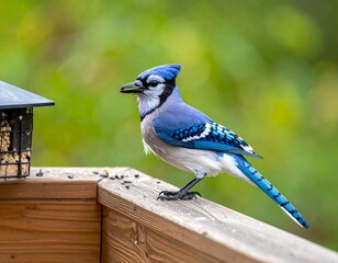 A vibrant blue jay perched on a wooden fence