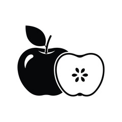 apple fruit silhouette with cross section and seeds in black and white.