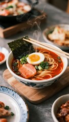 Steaming bowl of ramen with soft-boiled egg, nori, and chashu pork, served with chopsticks and side dishes
