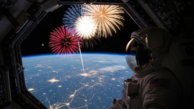 astronaut views Earth from spacecraft window watching vibrant red white and blue fireworks explode over illuminated city lights across the planets surface from orbit