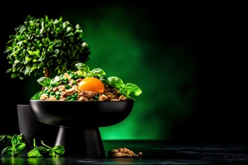 Colorful Bowl of Pasta with Egg Yolk and Fresh Herbs on Dark Background