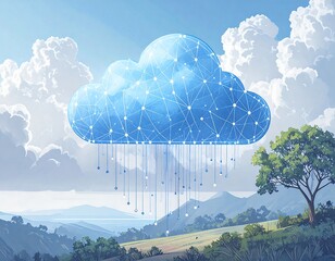 Digital cloud concept with network connections over green hills