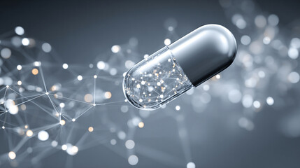 Digital pill representing AI-driven precision medicine on a minimalistic network background, with bright tones and soft blurred space for a clean futuristic medical aesthetic