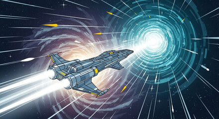 Spaceship flying through wormhole illustration science fiction space travel futuristic adventure concept