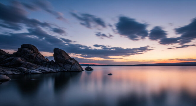 Serene Sunset over Rocky Shoreline, Blurry Water Reflections - Powered by Adobe