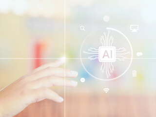 Close up hand with AI holograms graphic digital technology communication futuristic. Business people freelance remote work plan roadmap.Working from home. Concept Neural networks computer and big data