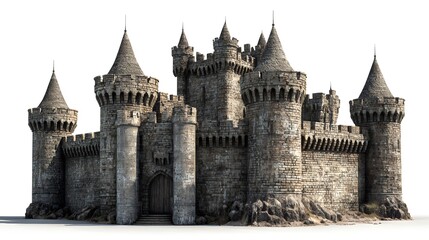 Fototapeta premium Impressive medieval castle design, rendered against a white background, features multiple stone towers with pointed spires and defensive battlements, creating a grand architectural composition.