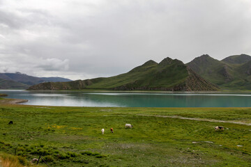 Serene lake surrounded by lush green mountains under cloudy sky