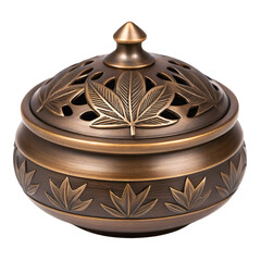 Ornate Bronze Censer with Cannabis Leaf Design and Perforated Lid incense burner container