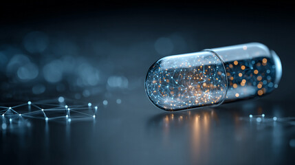 Digital pill representing AI-driven precision medicine on a minimalistic network background, with bright tones and soft blurred space for a clean futuristic medical aesthetic