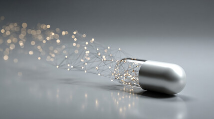 Digital pill representing AI-driven precision medicine on a minimalistic network background, with bright tones and soft blurred space for a clean futuristic medical aesthetic