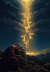 Jacob sleeps on a rock as angels climb a ladder reaching up to the bright, cloud-filled heavens