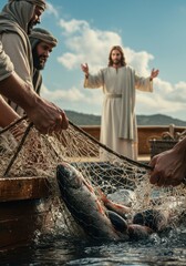 The Miraculous Catch of Fish Fishermen haul a net full of fish with Jesus standing behind them