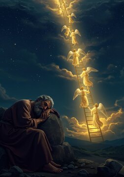 Biblical scene of Jacob dreaming of a ladder to heaven with many angels ascending and descending