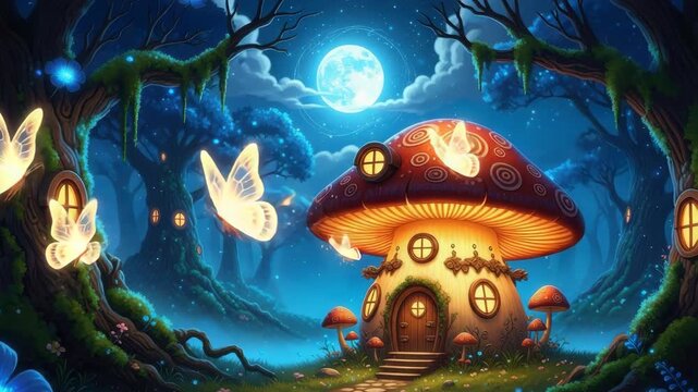 magical night forest with luminous red mushroom house glowing windows and stone path Radiant butterflies flutter as bright full moon lights enchanted trees and glowing blue flora
