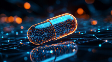 Digital pill representing AI-driven precision medicine on a minimalistic network background, with bright tones and soft blurred space for a clean futuristic medical aesthetic