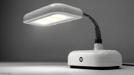 Modern desk lamp with a bright, rectangular light fixture is positioned, highlighting the illumination.