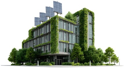 Modern architectural design showcases an eco-friendly office building integrated with natural elements, featuring glass windows, solar panels, and lush greenery, promoting sustainable living.