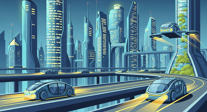 Futuristic city landscape with flying cars and autonomous vehicles concept illustration design art