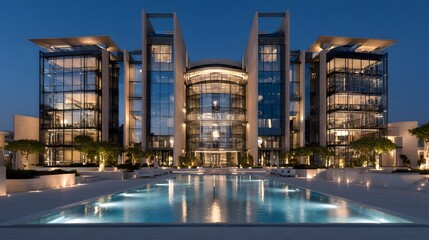 Obraz premium Illuminated contemporary architectural design showcases a luxurious hotel building with a reflective pool at dusk, featuring glass facades and modern geometric elements that exude sophistication 