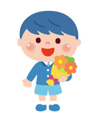 お別れ会で花束を持つ男の子