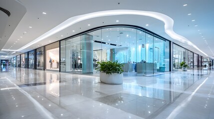 Modern shopping mall interior boasts expansive, glossy floors and curved ceilings, illuminated by bright, ambient lighting.