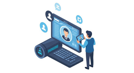 Isometric digital marketing social media connection networking communication technology concept vector design