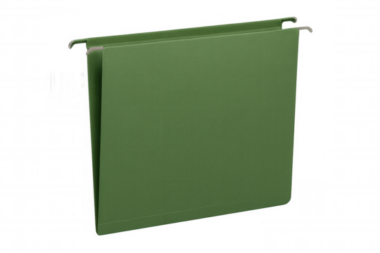 Green hanging file folder for document organization and office paperwork archival on transparent background