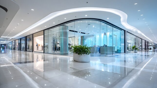 Modern shopping mall interior boasts expansive, glossy floors and curved ceilings, illuminated by bright, ambient lighting.