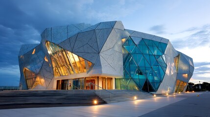 Geometric architectural  illuminated at dusk, showcasing a modern building facade with triangular glass panels and a dramatic cloudy sky backdrop, revealing warm interior light from within the...