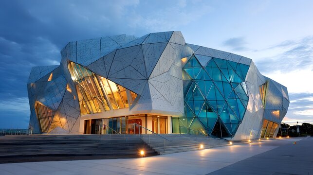 Geometric architectural  illuminated at dusk, showcasing a modern building facade with triangular glass panels and a dramatic cloudy sky backdrop, revealing warm interior light from within the... - Powered by Adobe