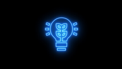 Blue neon glowing lightbulb icon with a vibrant green plant growing inside, symbolizing eco-friendly energy, sustainable innovation, and future growth concepts