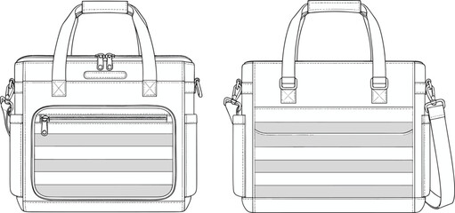 Cad drawing flat vector illustration, technical line art of laptop bag, messenger briefcase design, fashion accessory template, isolated graphic