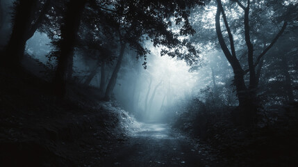 Obraz premium Ghostly Forest Path. Foggy trail with shadowy spirits, Halloween, mysterious, haunted
