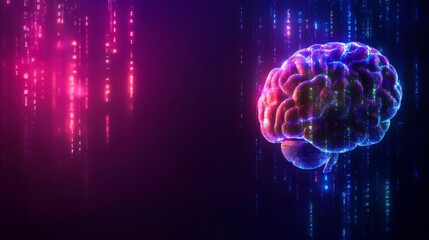 Abstract Representation of Digital Brain with Colorful Lights and Data Streams in Dark Background