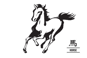 筆で描いた走る馬の白黒イラスト