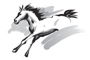 筆で描いた走る馬の白黒イラスト