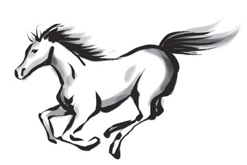 筆で描いた走る馬の白黒イラスト