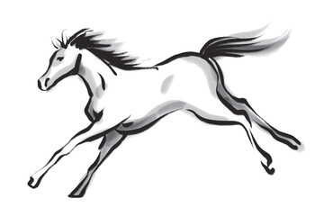 筆で描いた走る馬の白黒イラスト