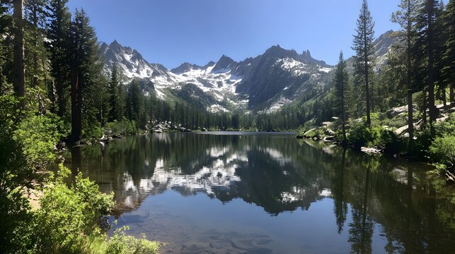Serene mountain lake reflects snow-capped peaks and clear blue skies, framed by lush evergreen trees and vibrant green foliage, creating a tranquil nature scene, offering a sense of peace. - Powered by Adobe